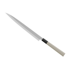 Yanagiba or Shobu, Yanagi, traditional Japanese kitchen knife flat design vector illustration isolated on white background. A traditional Japanese kitchen knife with a steel blade and wooden handle.