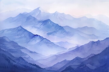 The subtle gradations of a mountain range in watercolor, where pale blues and soft purples suggest distant peaks shrouded by thin mists - obrazy, fototapety, plakaty