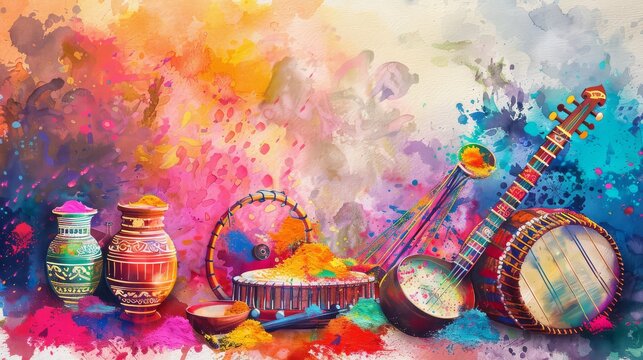 A celebration of Holi with a focus on music. Depict a hand-painted background with traditional Indian musical instruments a dhol harmonium and sitar a decorated with colorful powder.