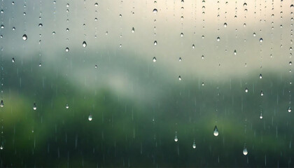 Raindrops on the window on the background of a green forest - obrazy, fototapety, plakaty