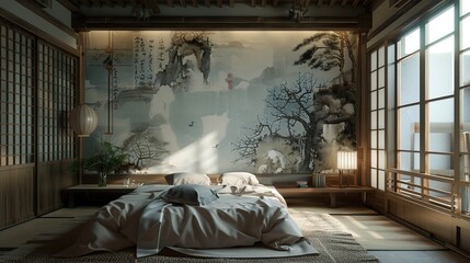 interior design, traditional spacious bedroom. Wabi - sabi style with large wall print, Japanese style house