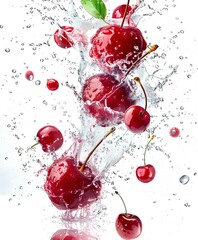 Photography a dynamic and visually captivating Cherry piece featuring a splash of your favorite drink on white background.
