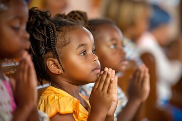 Group of children pray together at church service