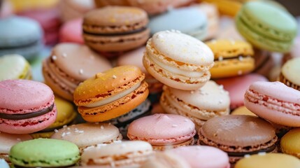 Fototapeta premium Assorted colorful macarons stacked on top of each other in a delicious sweet dessert display