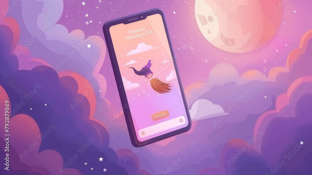 Poster a smartphone lock screen featuring a witch on a broom. mobile phone onboard screen with date and tim