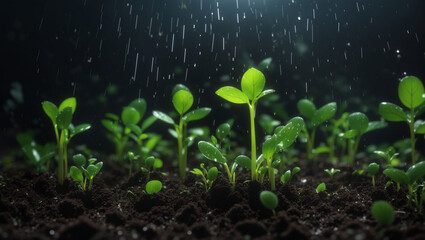 green seedlings growing in a dark soil with water droplets falling - obrazy, fototapety, plakaty