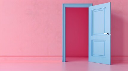 Minimalist style interior design concept with an open blue door and pink wall. Simple and elegant home decor inspiration. Room entrance idea with copy space. AI