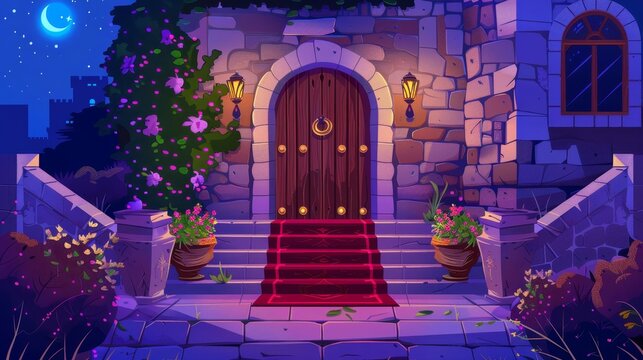 Castle interior at night, wooden archway and potted flowers, stone stairs with red carpet, brick walls, entryway to palace with moonlight passing through window. Fairytale Cartoon modern scene.