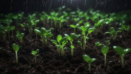 green seedlings growing in a dark soil with water droplets falling - obrazy, fototapety, plakaty