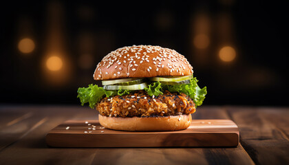 Chicken burger with sesame bun on rustic wooden table, natural light, side view