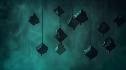 An image of a black fanoo hanging in the air over a dark turquoise background