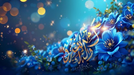 Calligraphy for Eid Mubarak with blue arabesque flowers and glitter effect