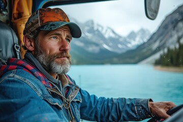 A trucker enjoying a moment of solitude in their cab, parked near a serene lake, with the gentle lapping of water against the shore as the backdrop - obrazy, fototapety, plakaty