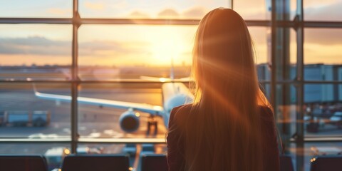 Woman Watching Airplane Through Airport Window - obrazy, fototapety, plakaty