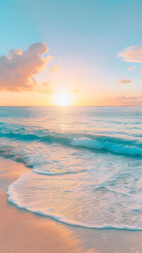 Blue coastal area with sand and white sky and blue sea, torist attraction with sunset