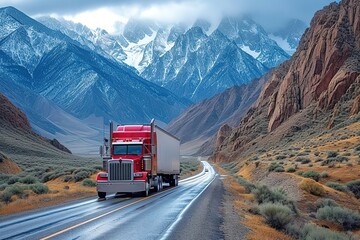 A trucker guiding their semi-truck through a challenging mountain pass, cliffs rising on one side and a sheer drop on the other - obrazy, fototapety, plakaty
