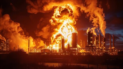 Industrial Accident, Show a factory explosion or fire caused by dangerous chemicals - obrazy, fototapety, plakaty