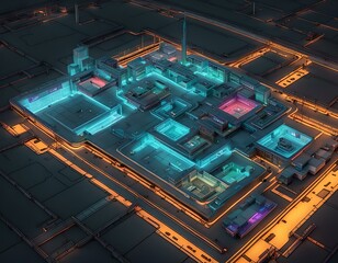 Aerial View of Illuminated Building at Night. Generative AI