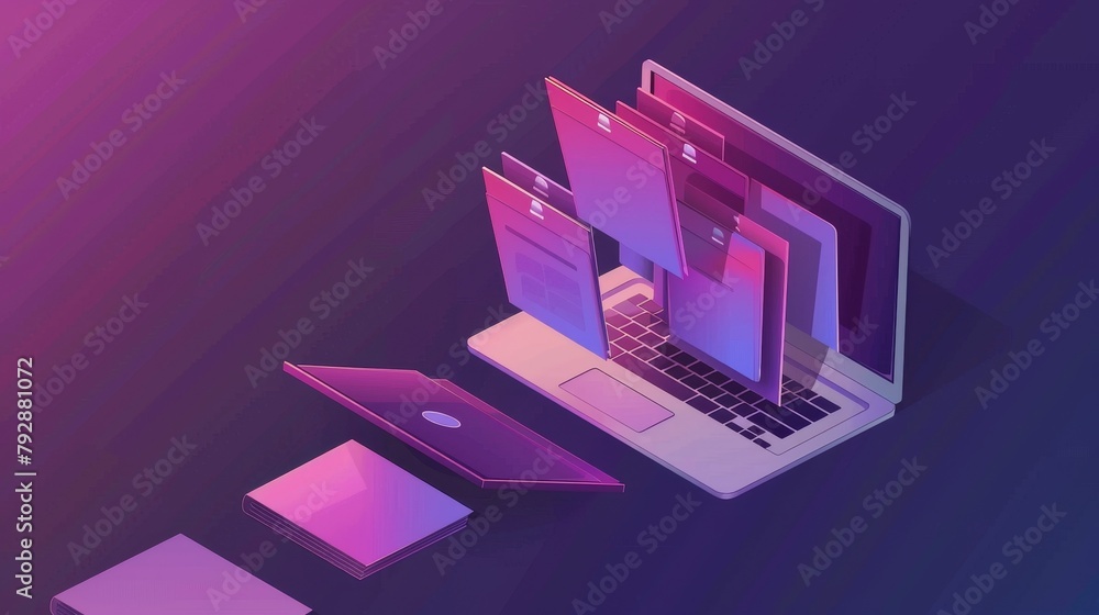 Poster organizing database with isometric laptop with folders on a modern landing page. concept of sorting 