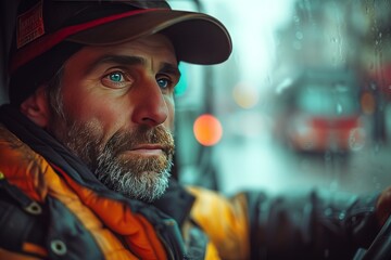 A trucker skillfully navigating a labyrinthine network of city streets, expertly handling tight turns and narrow alleys