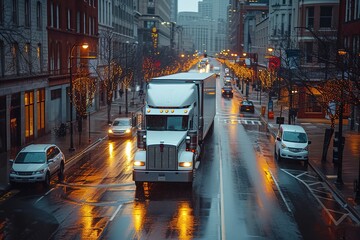 A trucker skillfully navigating a labyrinthine network of city streets, expertly handling tight turns and narrow alleys