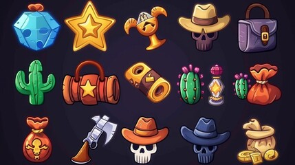 A set of wild west icons including cowboy hats, boots, a sheriff star, dynamite, an axe, skulls in masks, snakes, tequila, diamonds, cactus, horseshoes, saddlers, and sacks with gold, a saddlebag - obrazy, fototapety, plakaty
