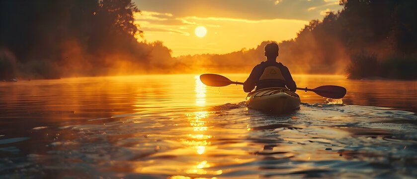 Digital image of a person paddling a kayak on a river at dusk. Concept Outdoor Photoshoot, Nature, Kayaking, Sunset, Adventure