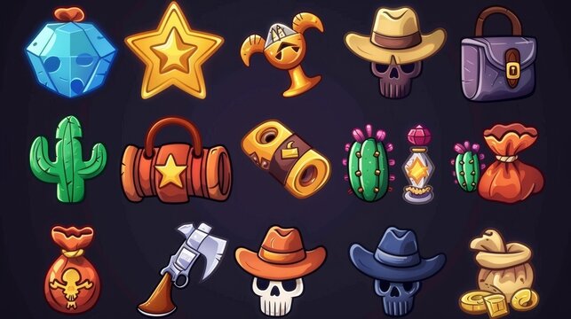 A set of wild west icons including cowboy hats, boots, a sheriff star, dynamite, an axe, skulls in masks, snakes, tequila, diamonds, cactus, horseshoes, saddlers, and sacks with gold, a saddlebag