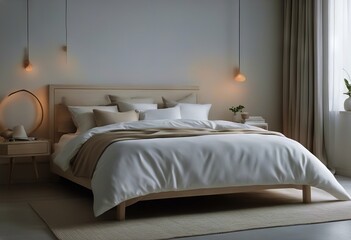 white bleached cushions copy Japanese design space colors Japandi bed bedroom interior Mock-up minimalist