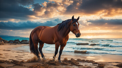 A brown horse is standing on the beach with the ocean behind it