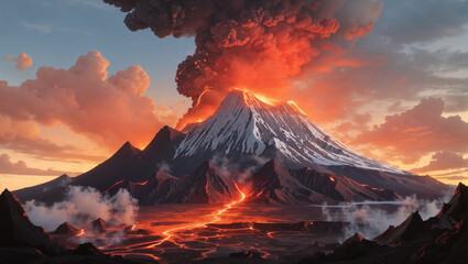 A volcano is erupting, spewing hot lava and ash into the sky
