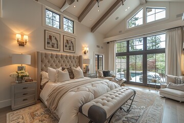 Large bedroom, editorial style photography, tall ceiling, neutrals, mountain chateau, cozy luxury, bright, modern lighting