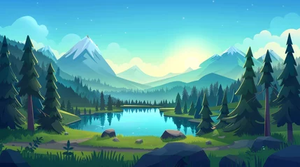 Poster An illustration of a coniferous forest with a lake in the middle and mountains in the background. 2D nature landscape with pond in the deep woods. Cartoon scene of nature scenery with layers © Mark