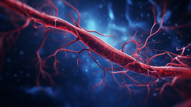 Human circulatory system, showing the nervous system and blood vessels.