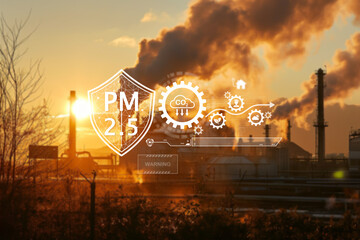 Sunset view of a factory emitting smoke with digital overlay of pollution warning signs,...