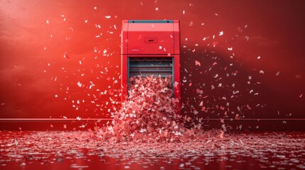 Business document shredder in operation, close-up on a vibrant red background, minimalistic and clear, ideal for office equipment advertisements