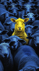 A vibrant yellow sheep stands out in a crowd of identical blue sheep, symbolizing individuality, uniqueness, and the courage to be different, created with generative AI technology - obrazy, fototapety, plakaty