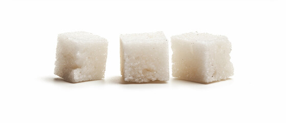 Close-up of three white sugar cubes  isolated on white background 