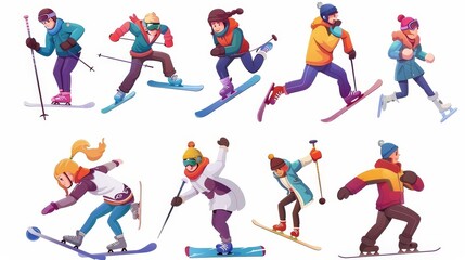 Winter sport equipment for riding on snow and ice for skiers, snowboarders, skaters, hockey sticks and pucks. Modern cartoon of man skiing, boy snowboarding, and woman skating.