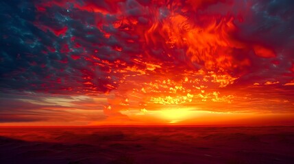 Vivid sunset sky filled with fiery red and orange clouds. Serene natural beauty captured in a scenic landscape photo. Ideal for backgrounds and nature themes. AI