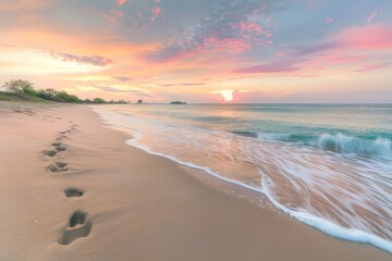 Panoramic view of a deserted beach at sunrise, gentle waves rolling in, footprints stretching along the waterline, and vibrant pastel colors in the sky