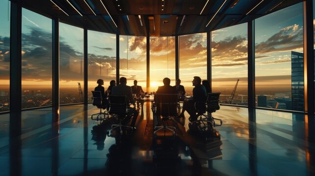 an executive team meeting in a sleek corporate boardroom, where senior leaders discuss organizational goals and initiatives, fostering alignment and collaboration across departments for collective suc