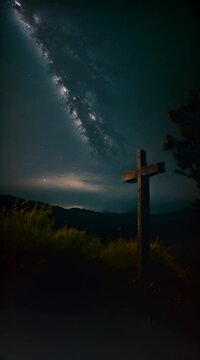 wooden cross, on a hill, at night, with a starry night sky