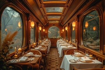 A vintage dining car with polished wood paneling and white tablecloths, offering an elegant dining experience on a moving train