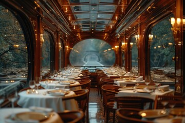 A vintage dining car with polished wood paneling and white tablecloths, offering an elegant dining experience on a moving train