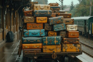 A vintage luggage cart piled high with suitcases on a train platform, evoking nostalgia - obrazy, fototapety, plakaty