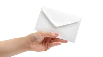 Closeup hand holding white envelope isolated white background. AI generated image