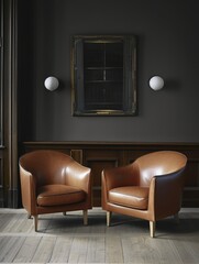 Two leather lounge chairs in a dark and darkened room, in the style of light gray and light brown, the helsinki school, neo-classicist symmetry