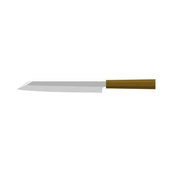 Kiritsuke, Japanese kitchen knife flat design vector illustration isolated on white background. A traditional Japanese kitchen knife with a steel blade and wooden handle.