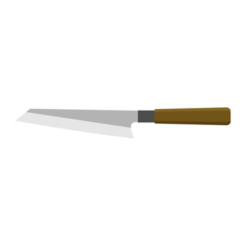 Kiritsuke, Japanese kitchen knife flat design vector illustration isolated on white background. A traditional Japanese kitchen knife with a steel blade and wooden handle.
